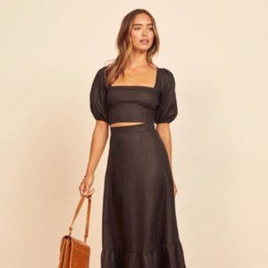 Reformation Yucca Linen Two Piece, Black, size 12